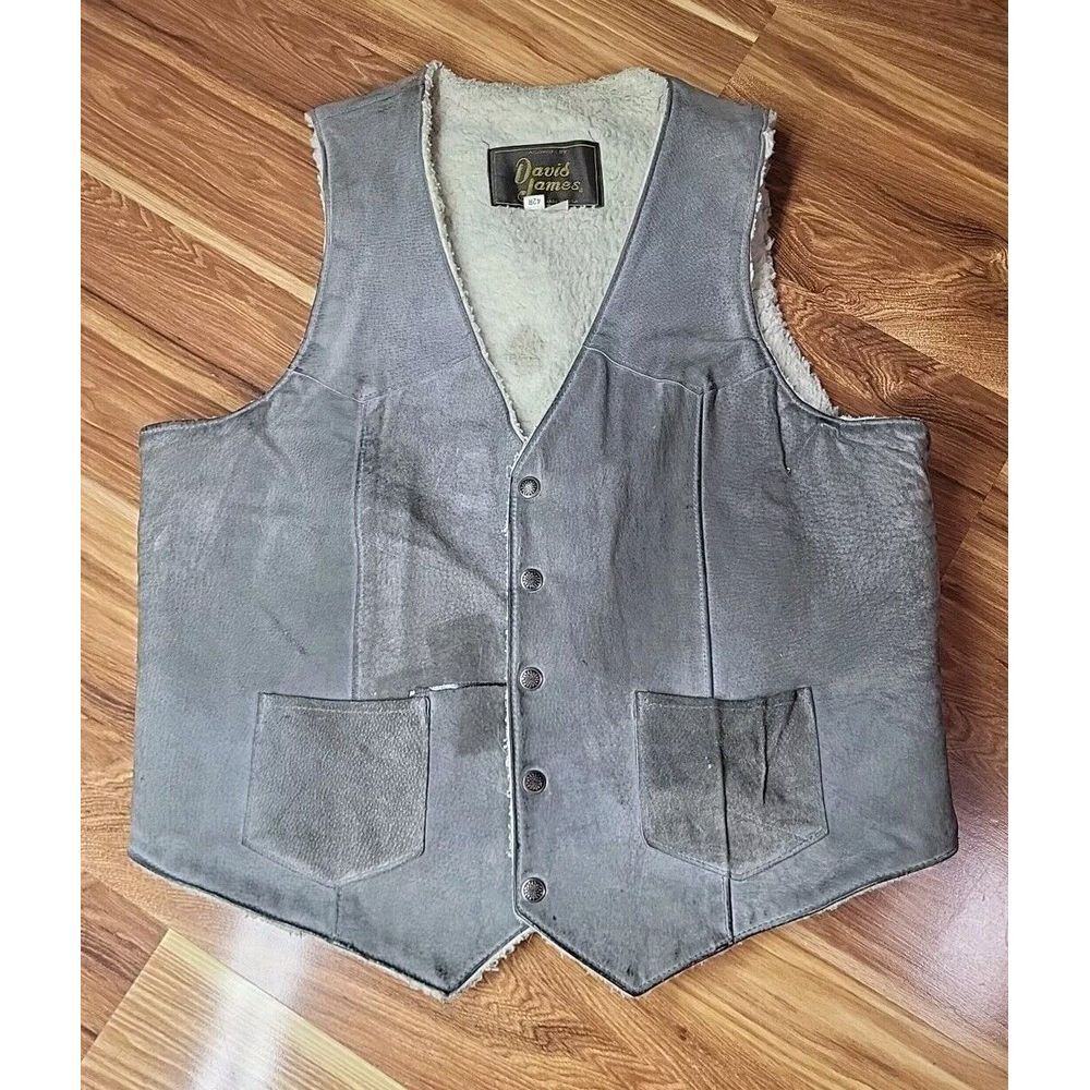 Vintage David James Leather Sherpa Vest Jacket Men's 42 R Grey Grunge Moto Biker
